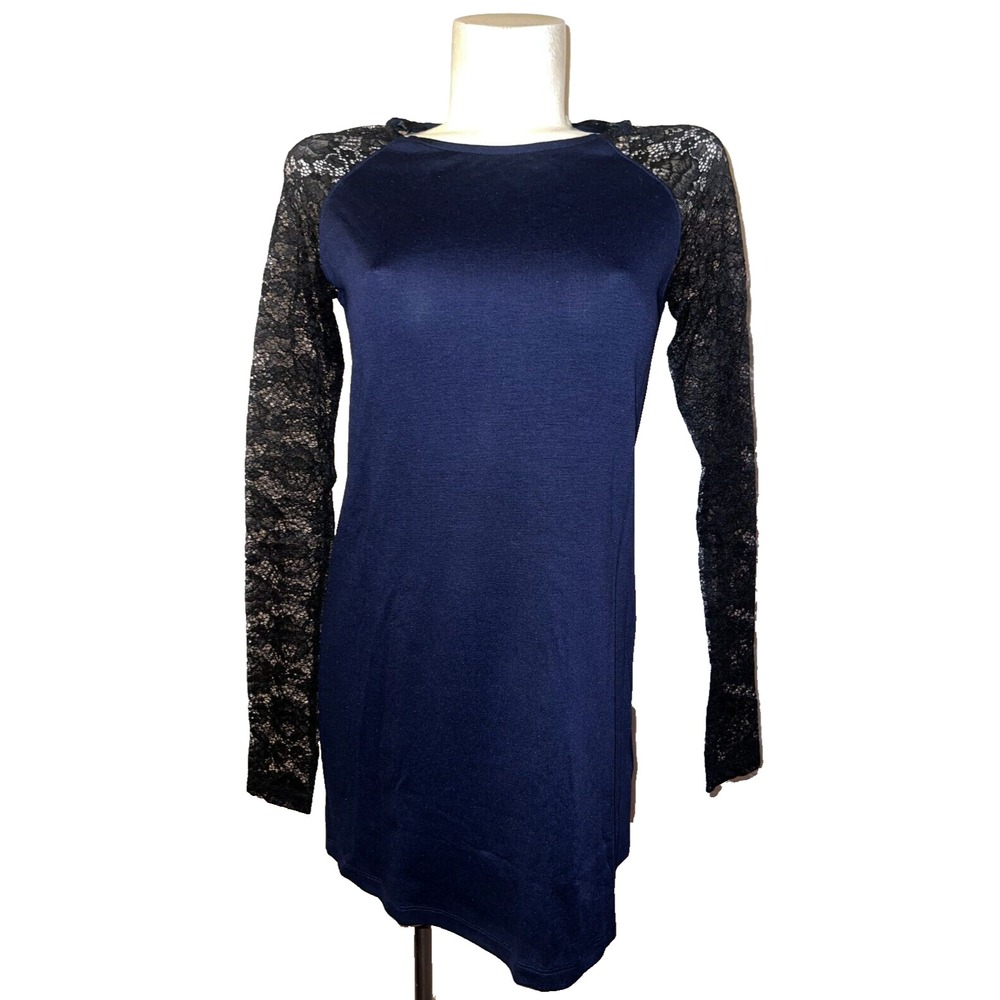 New Divided by H&M Navy Blue Lace Sleeve Crew Neck Long Sleeve Tunic Dress